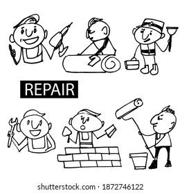 Repairman. A set of hand-drawn cartoon characters. Painter, plumber, bricklayer, carpenter, electrician. Black and white Doodle illustration