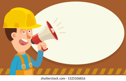 Repairman shouting in megaphone with bubble speech. Advertisement banner for house repair service. Vector illustration, flat design, cartoon style.