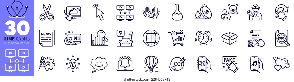 Repairman, Speech bubble and Fuel price line icons pack. Globe, Co2 gas, Cut web icon. Air balloon, Video conference, Search pictogram. Face biometrics, Fake news, Web call. Qr code. Vector