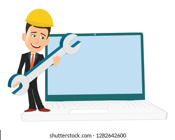 Repairman standing on a laptop with a double head wrench blank empty template yellow hat on head
