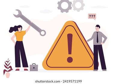 Repairman or support team is ready to fix problems and problems. Solving and overcoming difficulties. Fixation of breakdowns and repair service. Workers or staff near large warning sign. flat vector