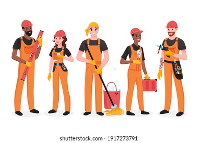 Repairman team of people vector illustration set. Cartoon happy man woman workers of maintenance repair service standing, technician engineer holding mechanic tools and toolbox isolated on white