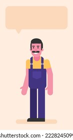 Repairman three quarters face standing and smiling. Flat people. Vector illustration