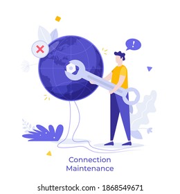 Repairman Tightening Nut On Globe Or Planet. Concept Of Wi-fi Connection Maintenance, Internet Blackout Or Outage, Service Provider, Online Access. Modern Flat Vector Illustration For Poster, Banner.