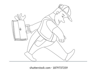 El reparador con la herramienta va rápido. Para colorear, vector en un estilo lineal.