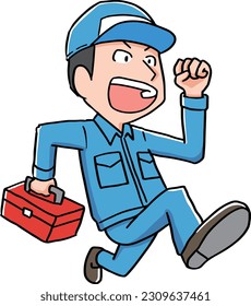 A repairman with a toolbox running towards him