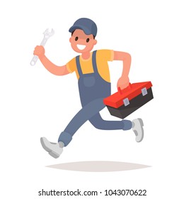 Repairman con las herramientas está funcionando. Servicio técnico. Ilustración de vectores en un estilo plano