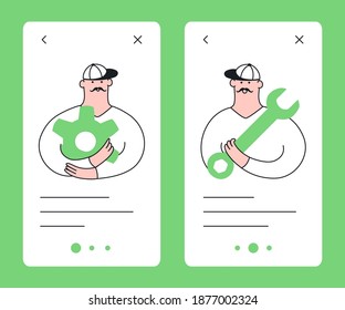 Repairman UI web set, a handyman with a wrench and gear. Renovation service, the technician is waiting for a task. Flat line vector illustration on white.