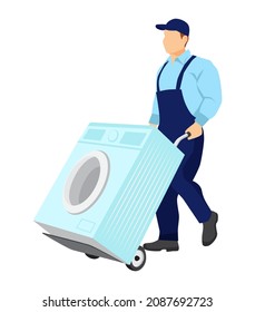 Repairman in uniform carries a cart with broken washing machine. Worker carries household appliances on a trolley. Vector Illustration in flat style on white background.