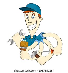 Repairman in uniform with a different tool
