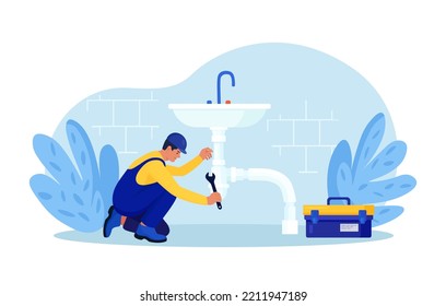 Repairman In Uniform Repairs Ceramic Sink, Plumbing Pipes With Tool. Professional Worker With Wrench. Home Masters, Handyman Fixing Broken Home Plumbing. Electrician, Plumber Call. Repair Service