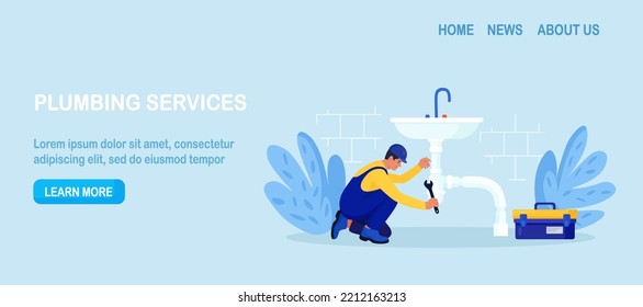 Repairman In Uniform Repairs Ceramic Sink, Plumbing Pipes With Tool. Professional Worker With Wrench. Home Masters, Handyman Fixing Broken Home Plumbing. Electrician, Plumber Call. Repair Service