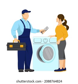 Repairman in uniform shows the girl a broken part of the washing machine. Worker holds a toolbox in his hand. Repair of household appliances. Vector Illustration in flat style on white background.