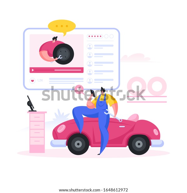 Repairman\
in uniform and with wrench leaning on car and watching tutorial\
video about changing tire in vlog while working in professional\
garage. Flat cartoon people vector\
illustration