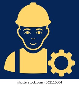 Repairman vector icon. Flat yellow symbol. Pictogram is isolated on a blue background. Designed for web and software interfaces.