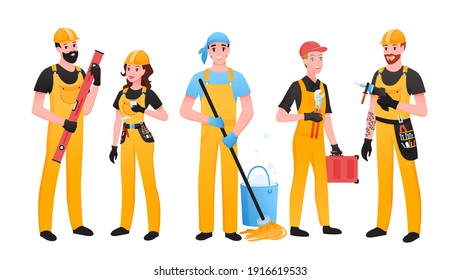 Repairman vector illustration set. Cartoon mechanic man woman character team in helmet and overalls standing, happy group of repairman builders holding equipment to renovate building isolated on white svg