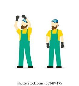 Repairman vector isolated flat cartoon style, mechanic person with hands up and standing, worker character, repair man on white back