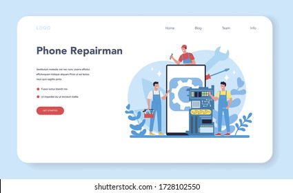 Repairman web banner or landing page. Professional worker in the uniform repair electrical home appliance with tool. Repairman occupation. Isolated vector illustration