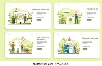 Repairman web banner or landing page set. Professional worker in the uniform repair electrical home appliance with tool. Repairman occupation. Isolated vector illustration