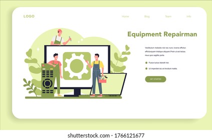 Repairman web banner or landing page. Professional worker in the uniform repair electrical home appliance with tool. Repairman occupation. Isolated vector illustration