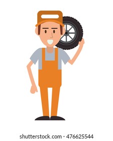 repairman wheel hat builder constructer worker proffesional icon. Flat and isolated design. Vector illustration