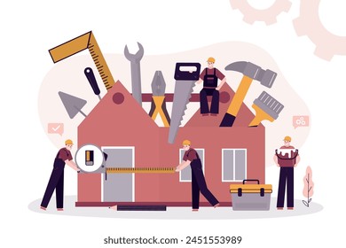 Repairman at work. Opened toolbox like how house with instruments inside. Workman's toolkit. Team of workers uses various hand tools. Workbox for building or renovation. flat style vector illustration