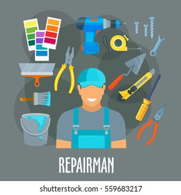 Repairman worker in uniform with painting tools as electric drill, trowel, pliers, paint brush roll and bucket, tape measure ruler, screwdriver and wrench. Vector profession icons