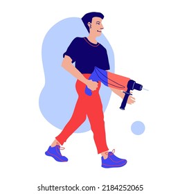 Un trabajador de reparación camina con un aguafiestas en las manos. Ilustración moderna del vector de Doodle