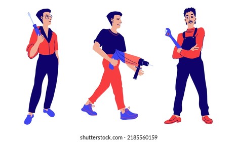 Un trabajador de reparación camina con un aguafiestas en las manos. Ilustración moderna del vector de Doodle