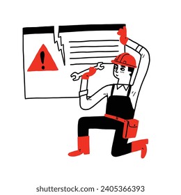 Repairman working on website or application, Warning message in screen. Popup message on computer. Attention problem notification. Hand drawn vector illustration doodle 