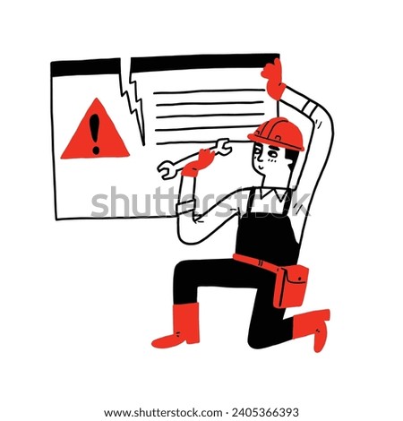 Repairman working on website or application, Warning message in screen. Popup message on computer. Attention problem notification. Hand drawn vector illustration doodle 