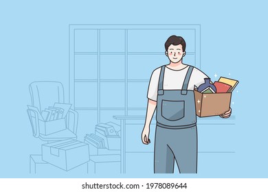 Repairman and workman concept. Young smiling man cartoon character standing with box of tools working as repairman in apartment vector illustration 