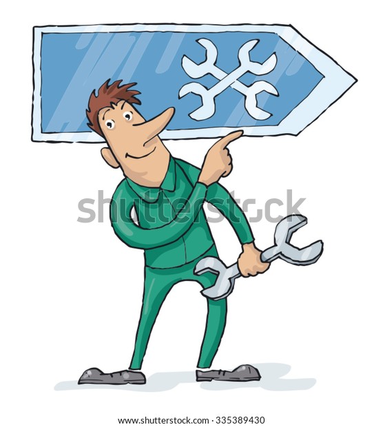 Repairman With a Wrench Standing at a Workshop Sign\
or Service Point
