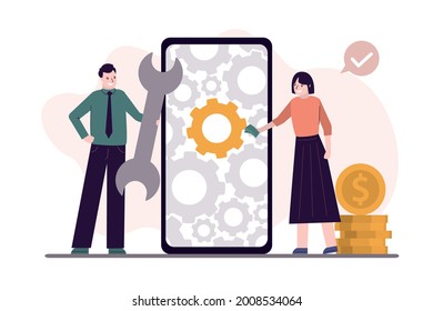 Repairman with wrench tunes girl's smartphone. Worker customize settings on mobile phone. Many different gears on phone screen. Concept of customization and custom settings. Flat Vector illustration