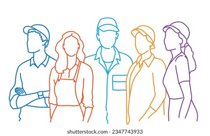 Repairmen and engineers standing together. Hand drawn vector illustration.