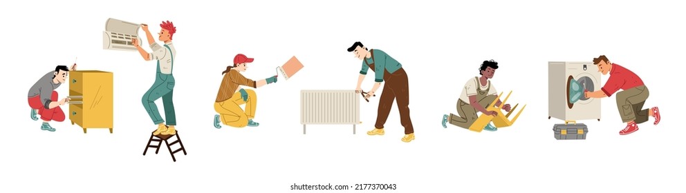 Repairmen, renovation and maintenance service workers. Vector flat illustration of diverse people fix broken furniture, washing machine, air conditioner, radiator and paint wall