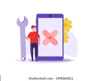 Repairmen, repair phone, fix app concept. Phone repair illustration with worker with spanner and equipment. Vector illustration in flat design