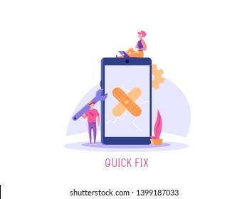 Repairmen, repair phone, fix app concept. Phone repair illustration with worker with spanner and equipment. Vector illustration in flat design