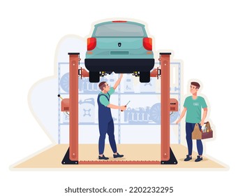 Repairmen repairing car in the workshop. Inspection, diagnostics. Workers fixing  car after breakdown. Flat vector illustration.