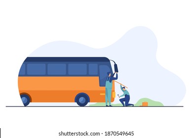 Repairmen servicing and repairing bus. Technician, vehicle, transport flat vector illustration. Maintenance and transportation concept for banner, website design or landing web page