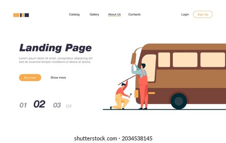 Repairmen servicing and repairing bus. Technician, vehicle, transport flat vector illustration. Maintenance and transportation concept for banner, website design or landing web page