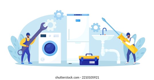 Repairmen in uniform repair electrical home appliance with tool. Professional workers with wrench, screwdriver. Home masters fixing broken technics, plumbing. Electrician, plumber call. Repair service