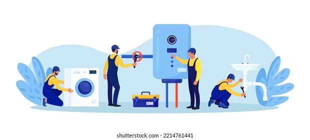 Repairmen in uniform repair electrical home appliance, water heater with tool. Professional workers with wrench. Home masters fixing broken technics, plumbing. Electrician plumber call. Repair service