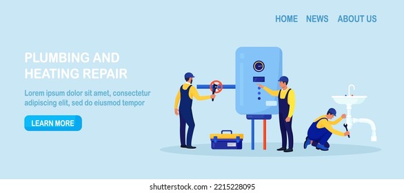 Repairmen In Uniform Repair Electrical Home Appliance, Water Heater With Tool. Professional Workers With Wrench. Home Masters Fixing Broken Technics, Plumbing. Electrician Plumber Call. Repair Service