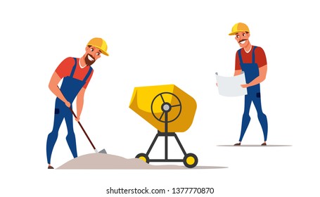 Repairmen working flat vector illustration. Handymen cartoon characters repairing road, digging ground. Concrete, cement mixer isolated design element. Road works, under construction building