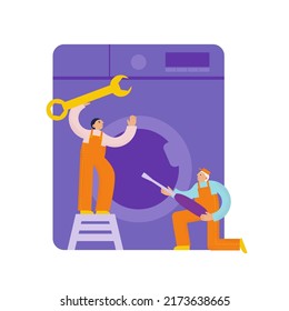 Repairmen with wranch and screwdriver repair a washing machine. Home appliances repair service. Flat vector illustration