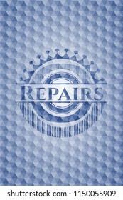 Repairs blue emblem with geometric pattern background.