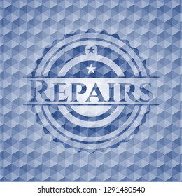 Repairs blue emblem with geometric pattern background.