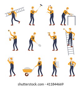 Repairs, Construction builder in yellow helmet working with different tools. Engineer. Worker. Flat design vector illustration.