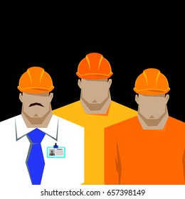 Repairs, Construction builder in yellow helmet working with different tools. Engineer. Worker. Flat design vector illustration.